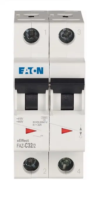 Interruptor automático 2P, 32A, Curva Tipo C, Poder de corte 10 kA, xEffect, Montaje en Carril DIN | 278763 FAZ-C32/2 Eaton