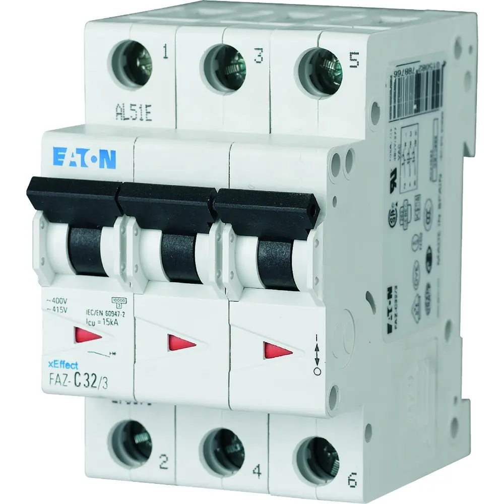 Interruptor automático 3P, 63A, Curva Tipo C, Poder de corte 10 kA, xEffect, Montaje en Carril DIN | 278879 FAZ-C63/3 Eaton