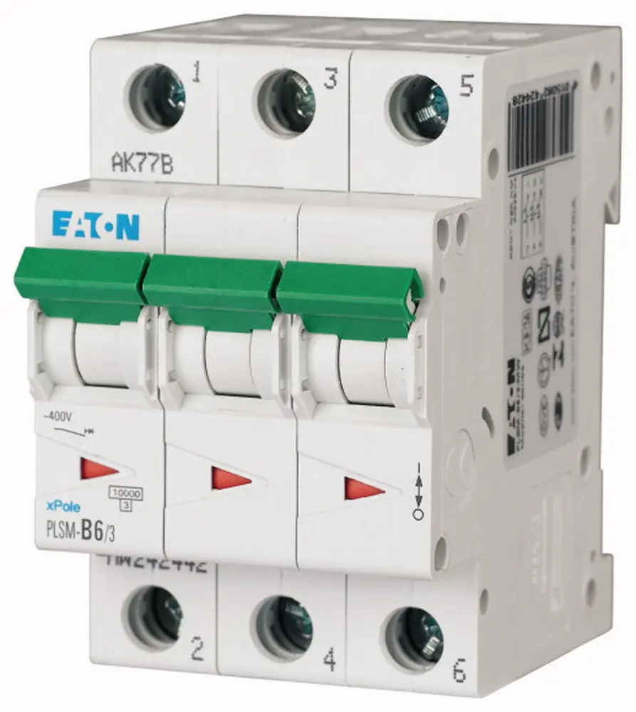 Interruptor automático 3P, 6A, Curva Tipo C, Poder de corte 10 kA, xPole, Montaje en Carril DIN | 242468 PLSM-C6/3-MW Eaton