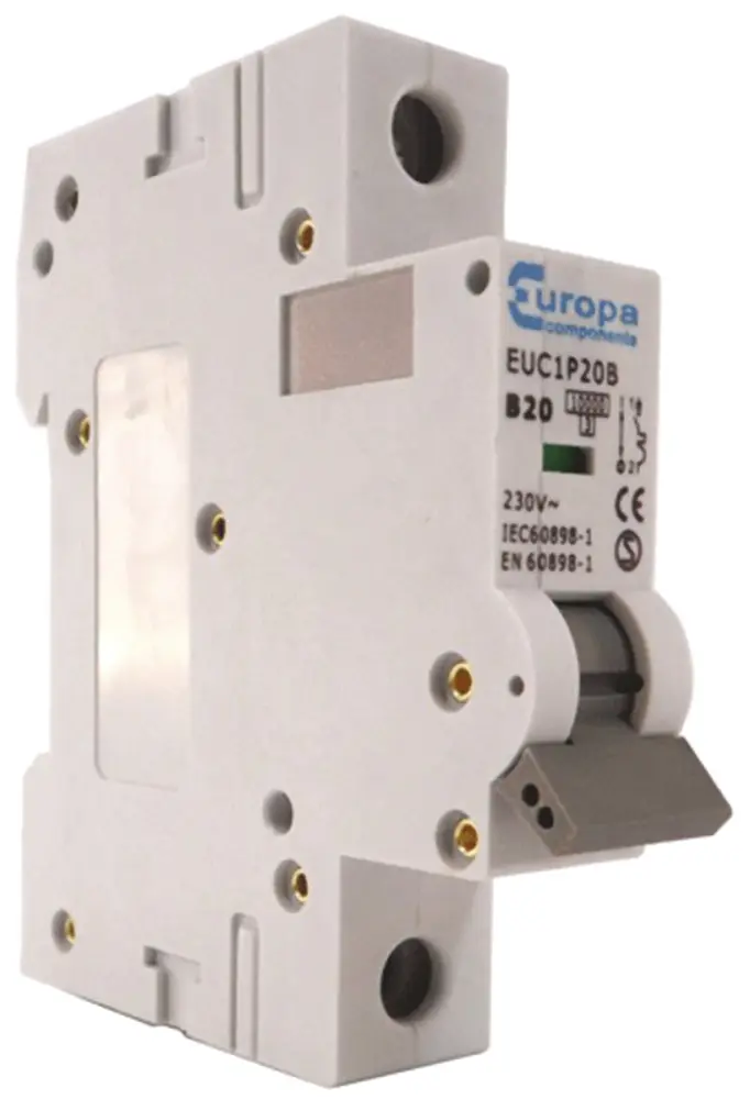 Interruptor automático 1P, 20A, Curva Tipo B, Poder de corte 10 kA EUC1P20B, EUC1P, Montaje en Carril DIN Europa