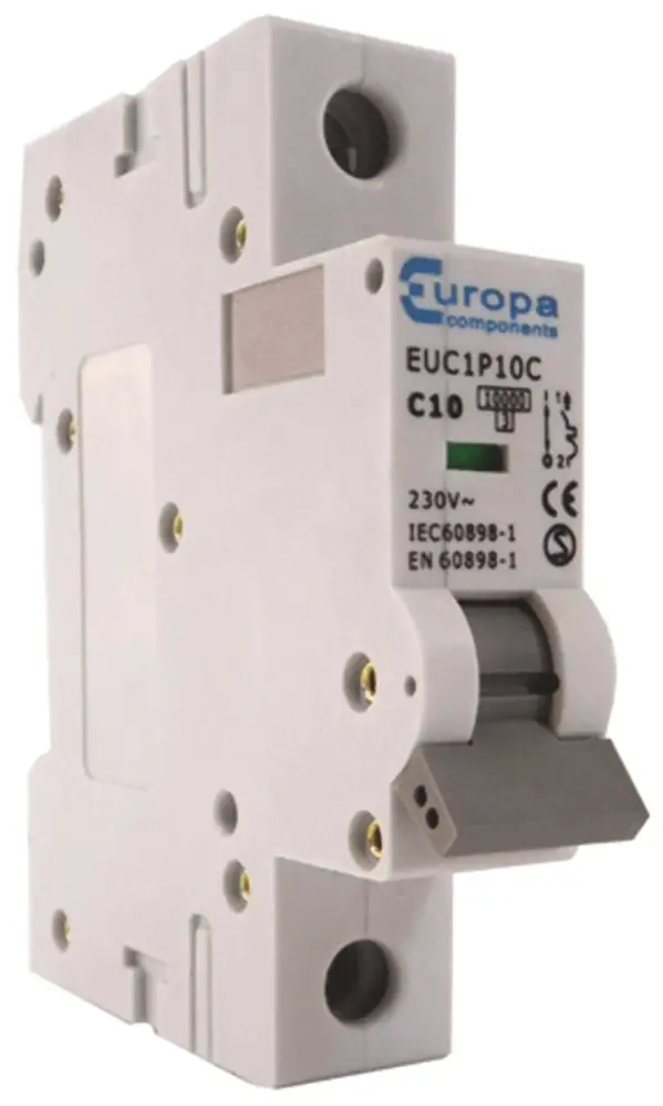Interruptor automático 1P, 32A, Curva Tipo C, Poder de corte 10 kA EUC1P32C, EUC1P, Montaje en Carril DIN Europa