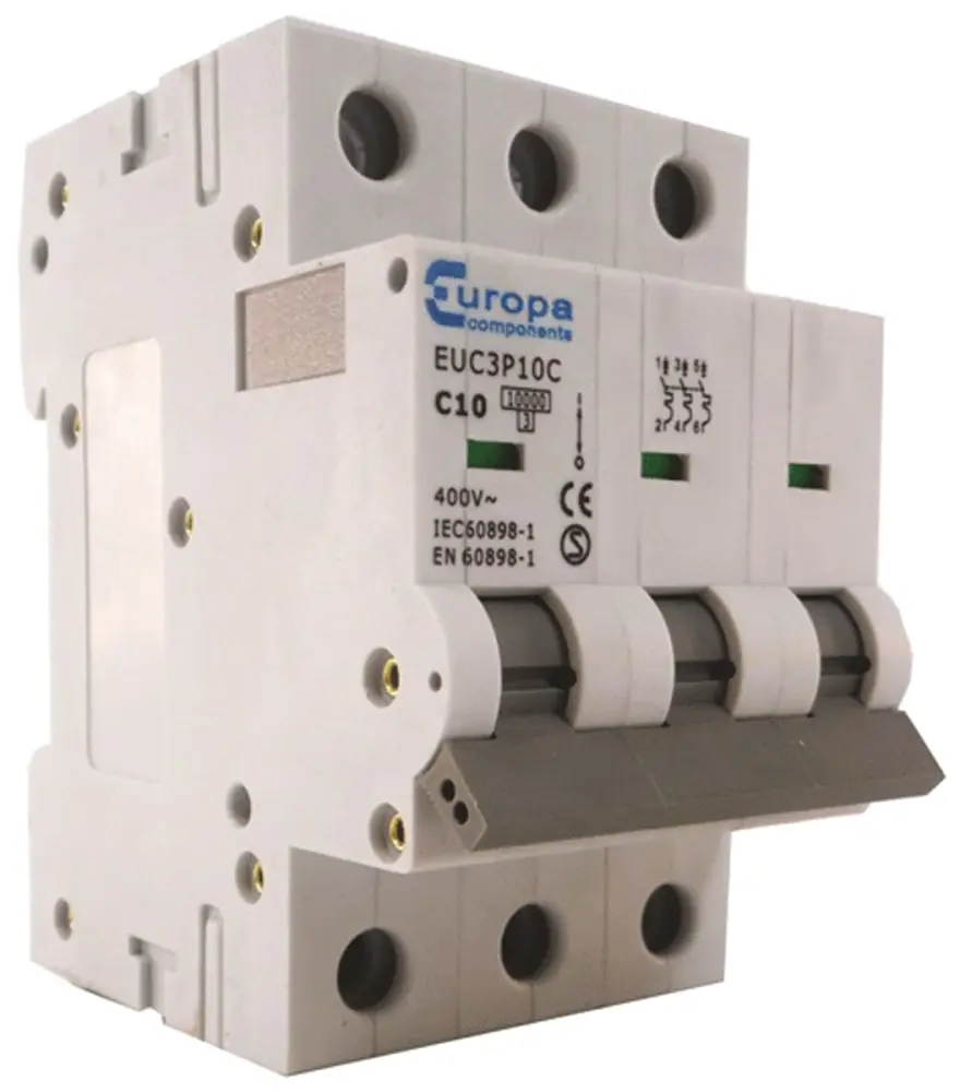 Interruptor automático 3P, 63A, Curva Tipo C, Poder de corte 10 kA EUC3P63C, EUC3P, Montaje en Carril DIN Europa