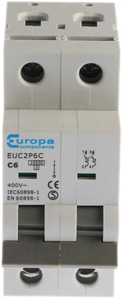 Interruptor automático 2P, 6A, Curva Tipo C, Poder de corte 10 kA EUC2P6C, EUC2P, Montaje en Carril DIN Europa