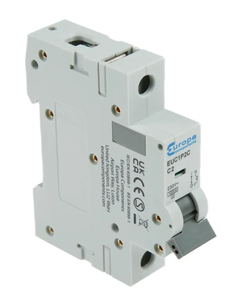 Interruptor automático 1P, 2A, Curva Tipo C, Poder de corte 10 kA EUC1P2C, EUC1P, Montaje en Carril DIN Europa
