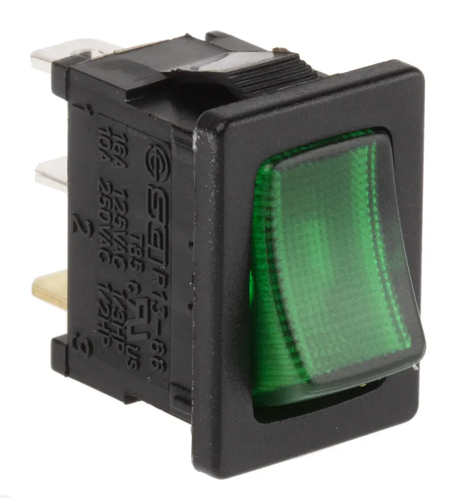 Interruptor de balancín, Contacto SPST, On-Off, 10 , Iluminado, Verde
