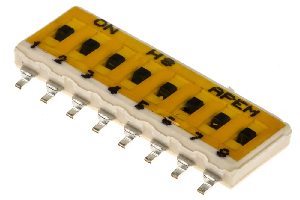 Interruptor DIP, SPST, Montaje superficial, Actuador Deslizante, 100 mA 24 V dc, 8 vías, -40 → +100°C | IKN0803000 APEM