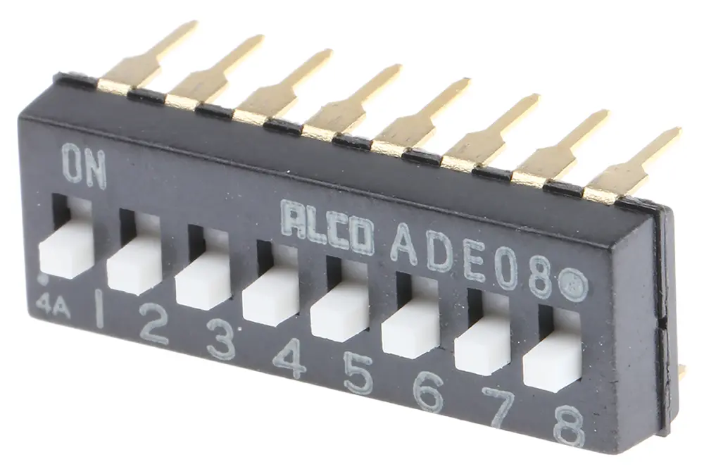 Interruptor DIP, SPST, Montaje en orificio pasante, Actuador Deslizamiento extendido, 100 mA 24 V dc, 8 vías, -30 | ADE08...