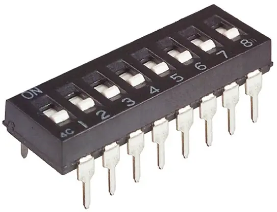 Interruptor DIP, SPST, Montaje en orificio pasante, Actuador Guí nivel, 100 mA 24 V dc, 8 vías, -30 → +85°C | ADF08T0...