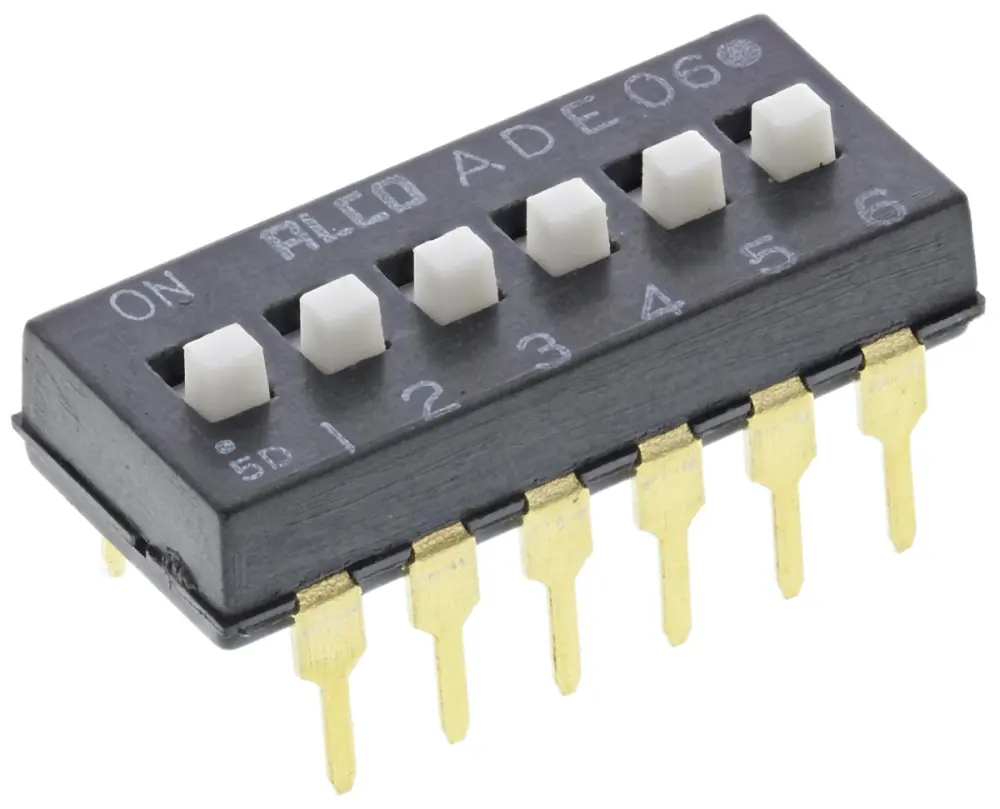 Interruptor DIP, SPST, Montaje en orificio pasante, Actuador Deslizamiento extendido, 100 mA 24 V dc, 6 vías, -30 | ADE06...
