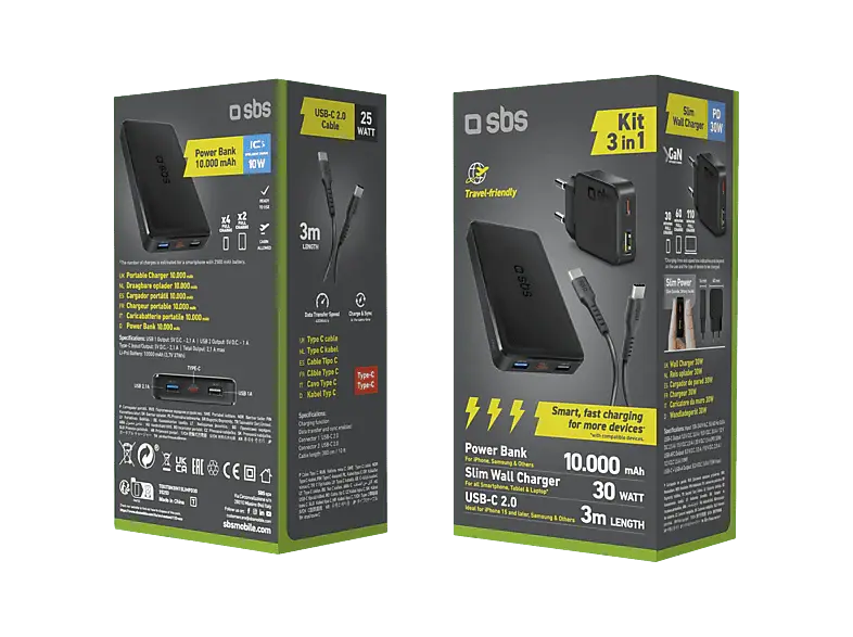 SBS Kit de chargement SBS 3-en-1 : chargeur 30 W, câble USB-C de 3 m, batterie externe de 10 000 mAh