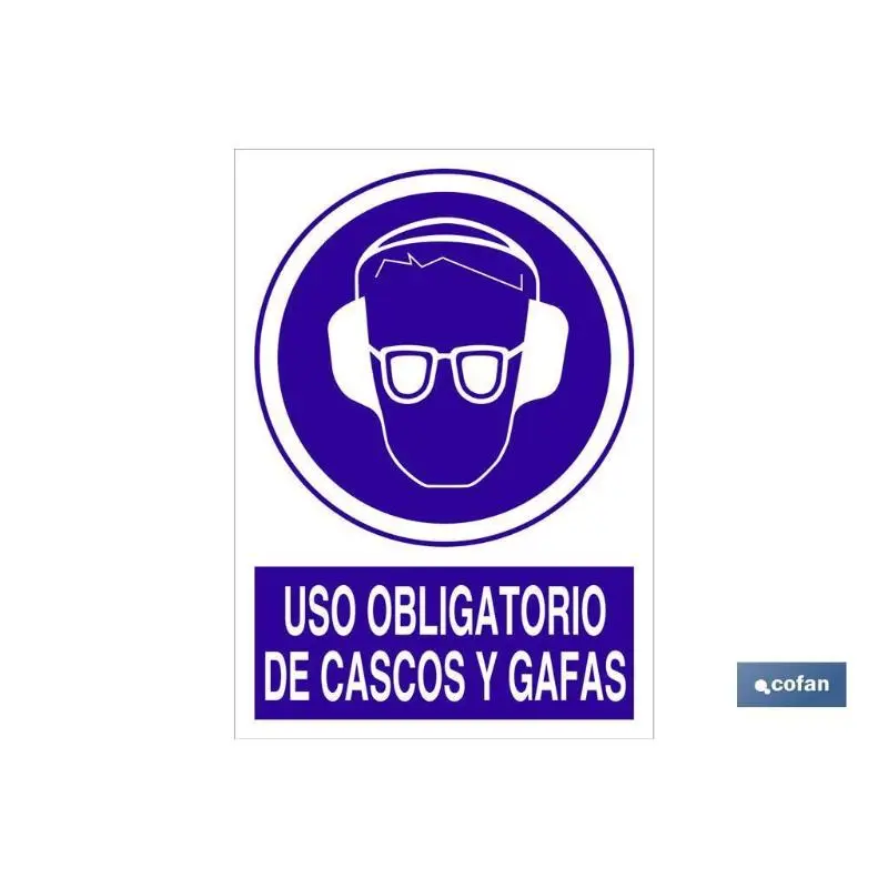 Señal poliestireno 210x148mm. Uso obligatorio de cascos y gafas para Cámaras de Vigilancia