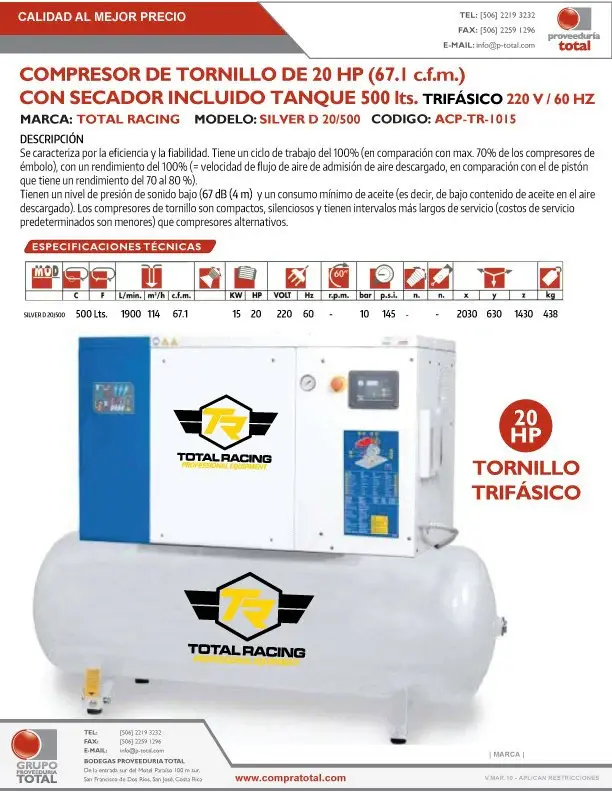 COMPRESOR DE AIRE TORNILLO 20 HP 500 LITROS 220V 3F