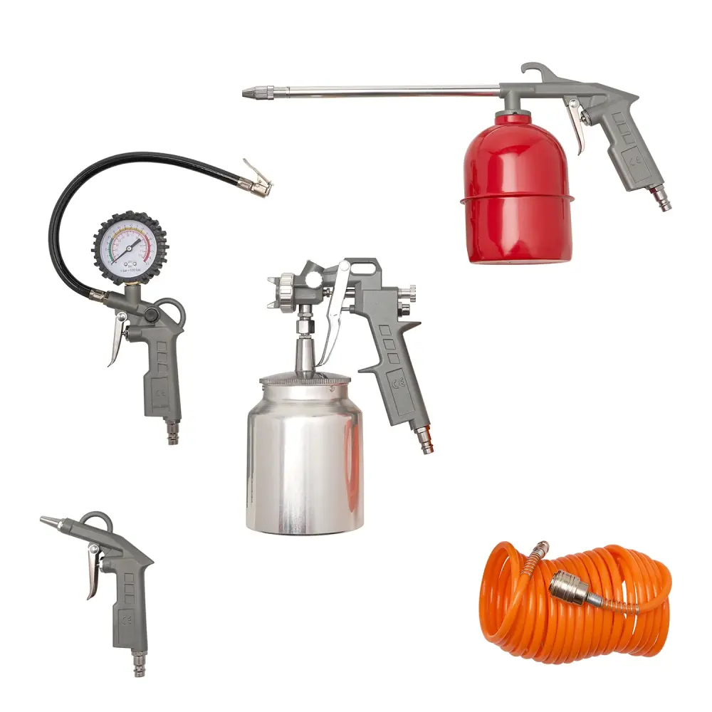Kit Accesorios Aire Comprimido 5 Piezas Con Click Rapido. Pistolas De Pintar, Soplar, Petrolear, Enjabonar y Manguera