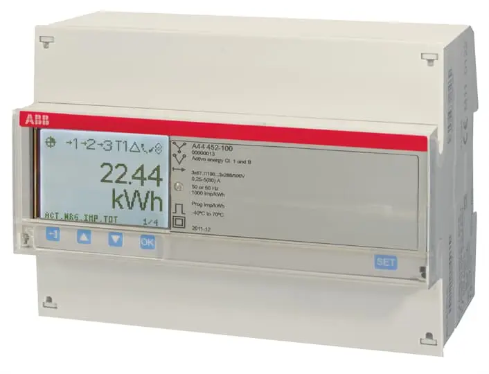 Medidor de energí ABB serie A44 452, display Orientado píxeles, precisión ±0,5 %, 3 fases, dim. 123mm x 26.5mm | 2CMA1...