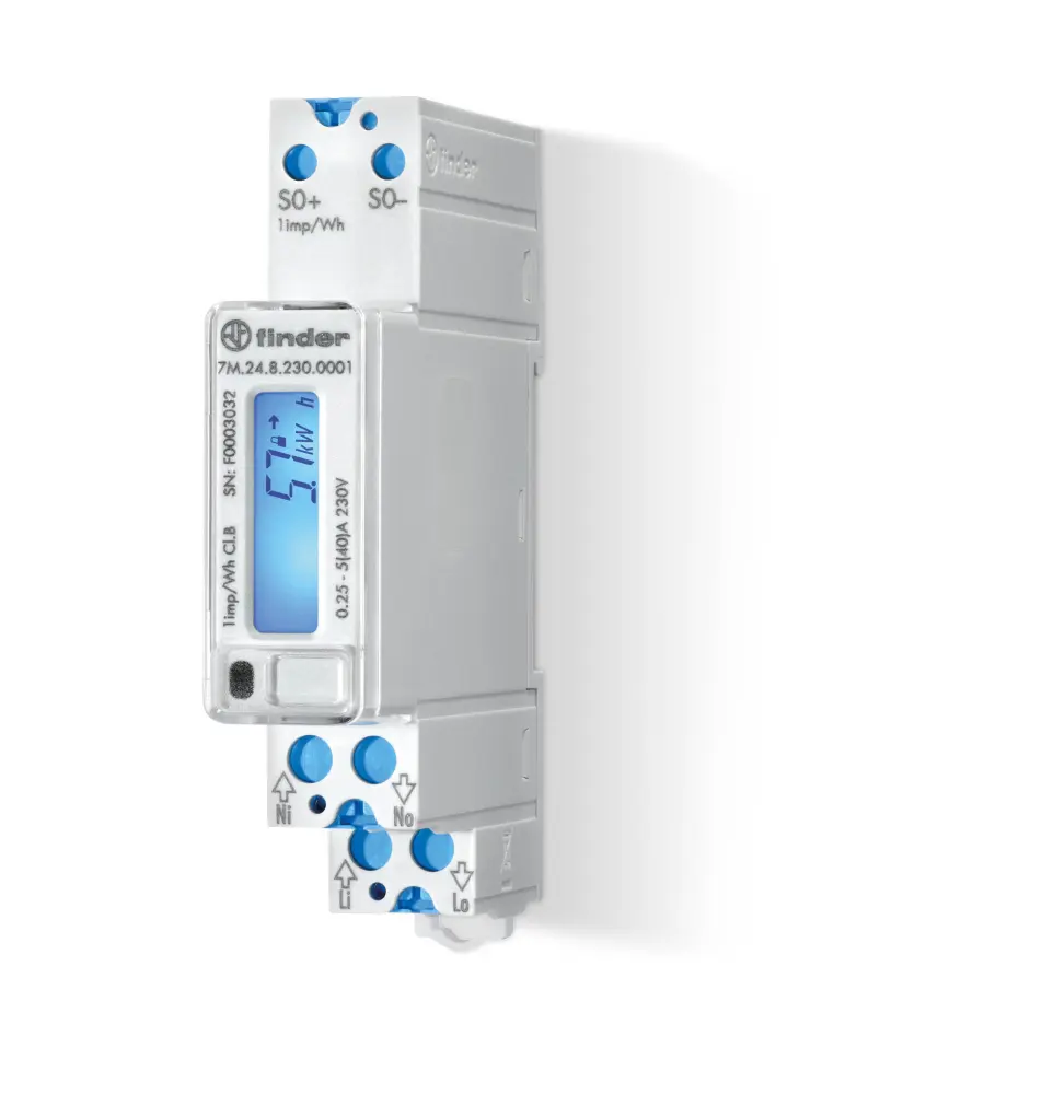 Medidor de energí Finder serie 7M, display LCD, con 7 dígitos, 1 fase, dim. 17.5mm x 95.4mm | 7M.24.8.230.0001
