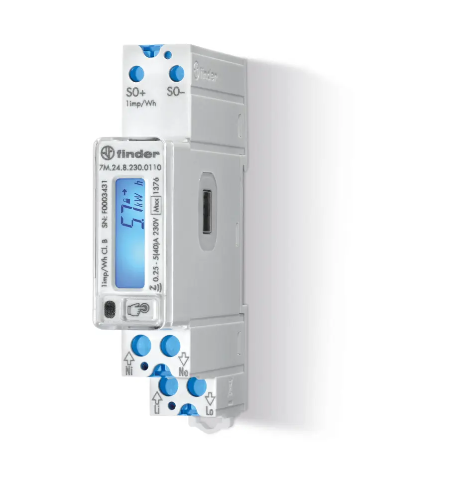 Medidor de energí Finder serie 7M, display LCD, con 7 dígitos, 1 fase, dim. 17.5mm x 95.4mm | 7M.24.8.230.0110