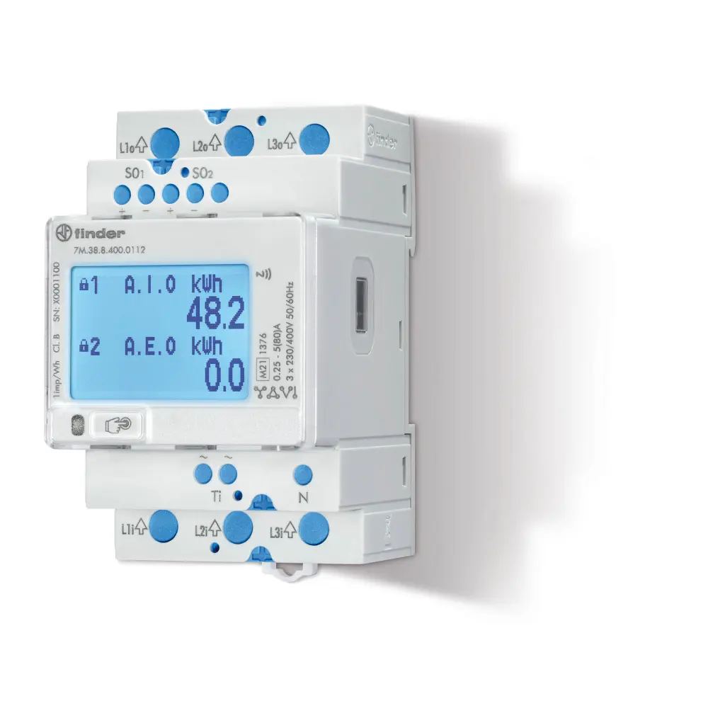 Medidor de energí Finder serie 7M, display LCD, con 7 dígitos, 3 fases, dim. 52.5mm x 95.4mm | 7M.38.8.400.0112