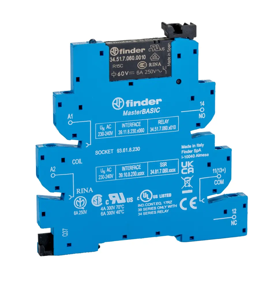 Relé modular Finder 39 Series, SPDT, 240V ac, 6A, para carril DIN | 39.11.8.230.0060