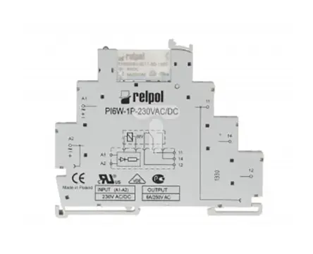 Relé modular Relpol PIR6W, SPDT, 230V ac, 6A, para carril DIN | PIR6W-1P-230VAC