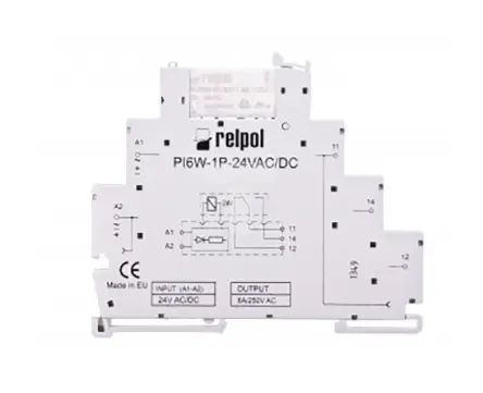 Relé modular Relpol PIR6W, SPDT, 24V ac/dc, 6A, para carril DIN | PIR6W-1P-24VAC/DC