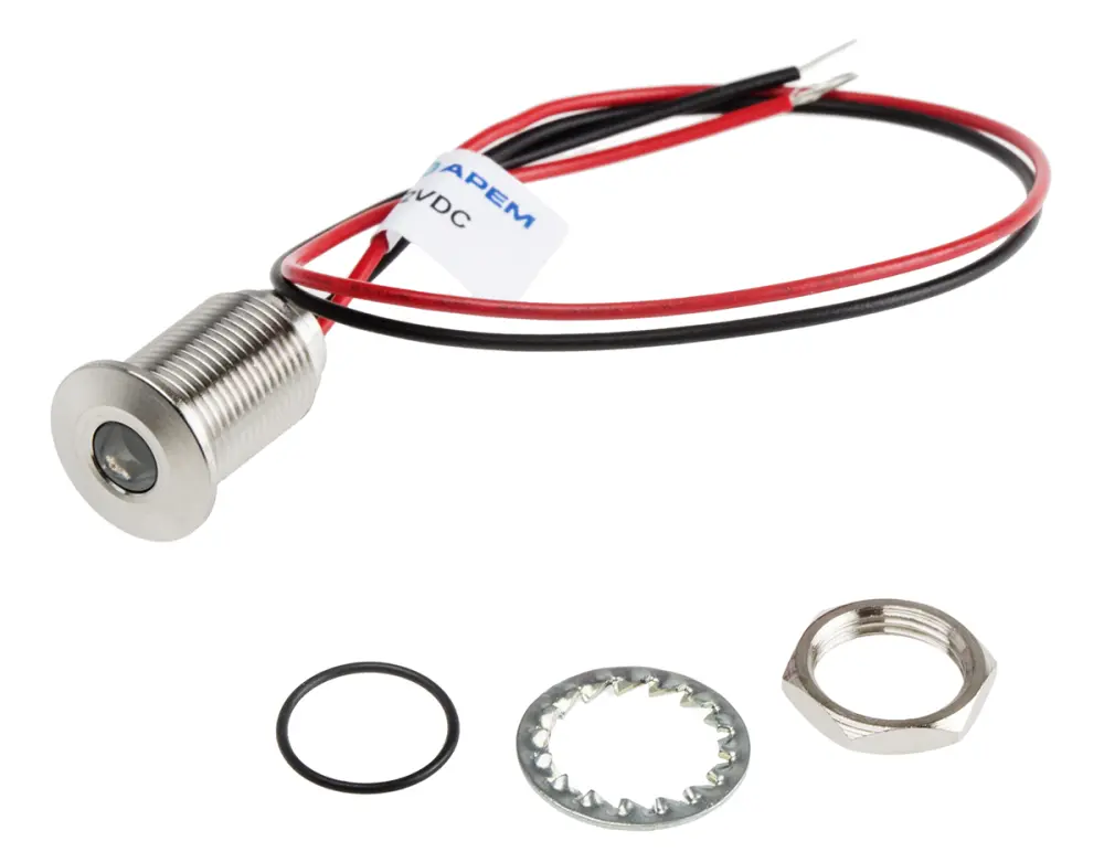 Indicador LED , Amarillo, lente enrasada, Ø montaje 10mm, 10.8 → 13.2V dc, 20mA, 350mcd, IP67
