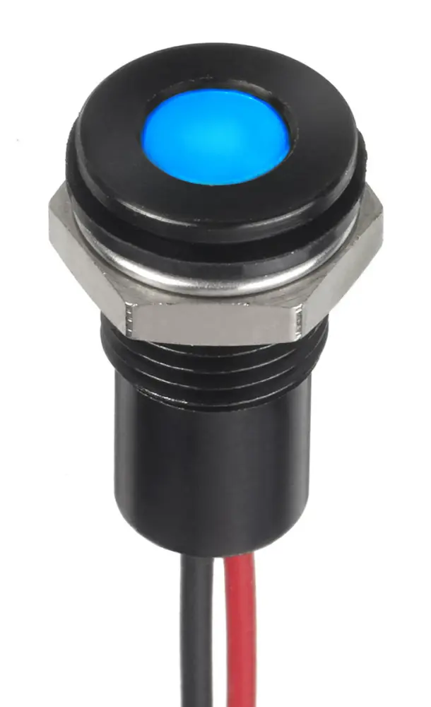 Indicador LED , Azul, lente enrasada, Ø montaje 8mm, 12V dc, 20mA, 50mcd, IP67