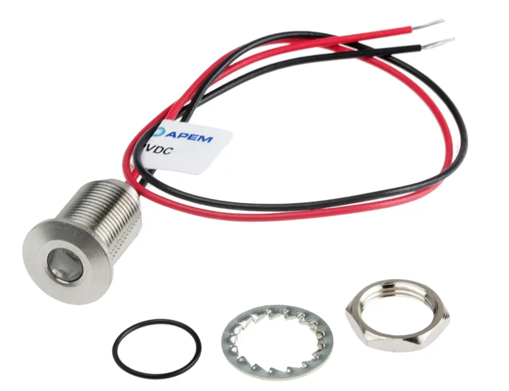 Indicador LED , Azul, lente enrasada, Ø montaje 10mm, 1.8 → 3.3V dc, 20mA, 280mcd, IP67