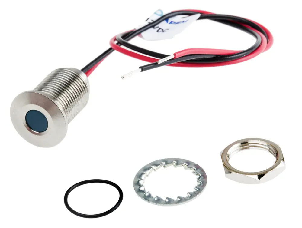 Indicador LED , Azul, lente enrasada, Ø montaje 10mm, 10.8 → 13.2V dc, 20mA, 50mcd, IP67