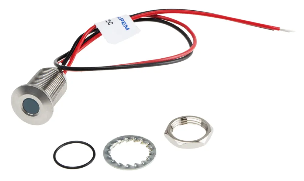 Indicador LED , Azul, lente enrasada, Ø montaje 10mm, 1.8 → 3.3V dc, 20mA, 50mcd, IP67