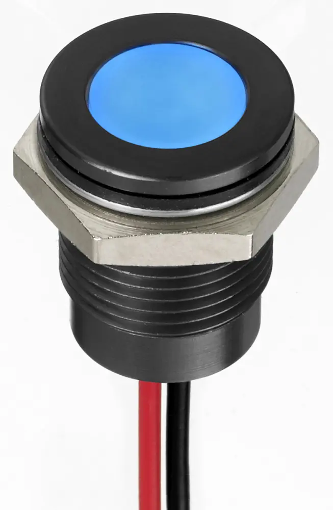 Indicador LED , Azul, lente enrasada, Ø montaje 14mm, 24V dc, 20mA, 100mcd, IP67