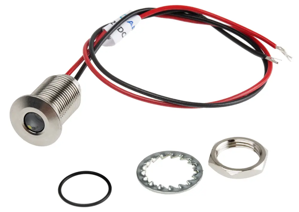 Indicador LED , Blanco, lente enrasada, Ø montaje 10mm, 1.8 → 3.3V dc, 20mA, 950mcd, IP67