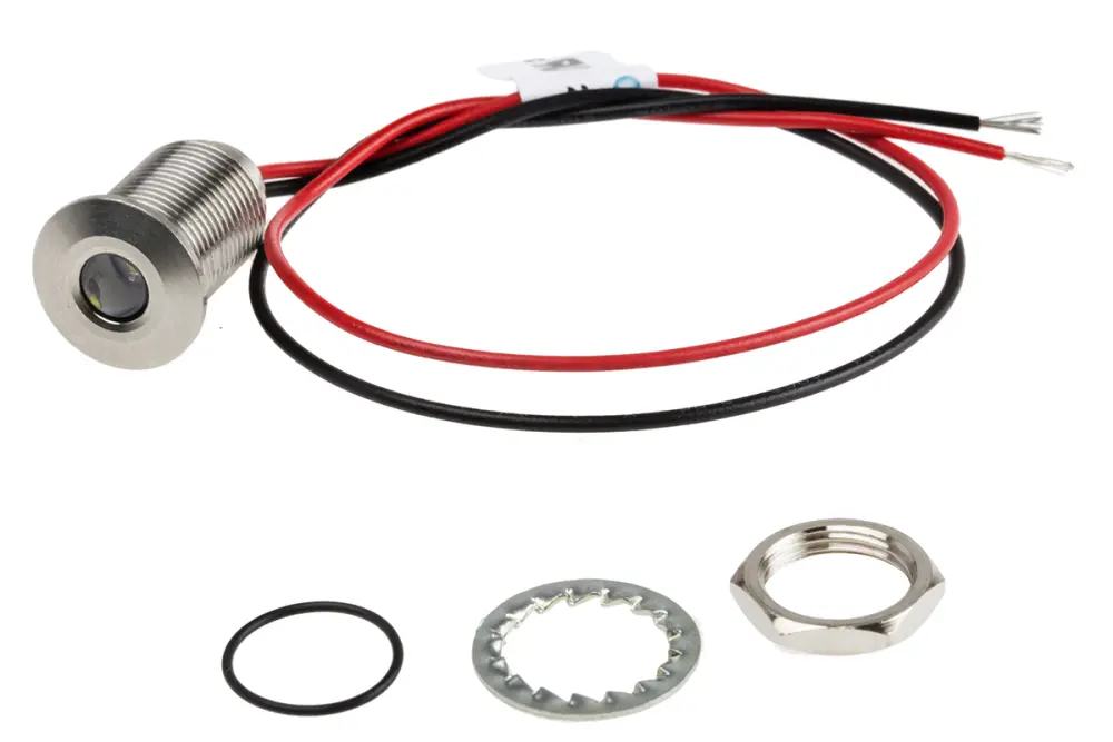 Indicador LED , Blanco, lente enrasada, Ø montaje 10mm, 21.6 → 26.4V dc, 20mA, 950mcd, IP67