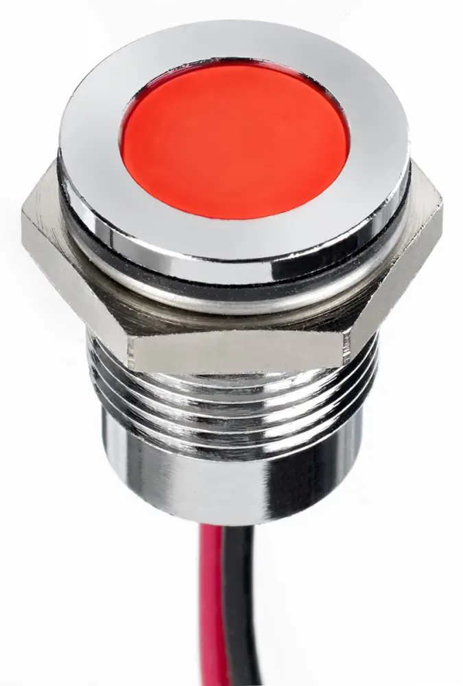 Indicador LED , Rojo, lente enrasada, marco Cromo, Ø montaje 14mm, 24V dc, 20mA, 800mcd, IP67