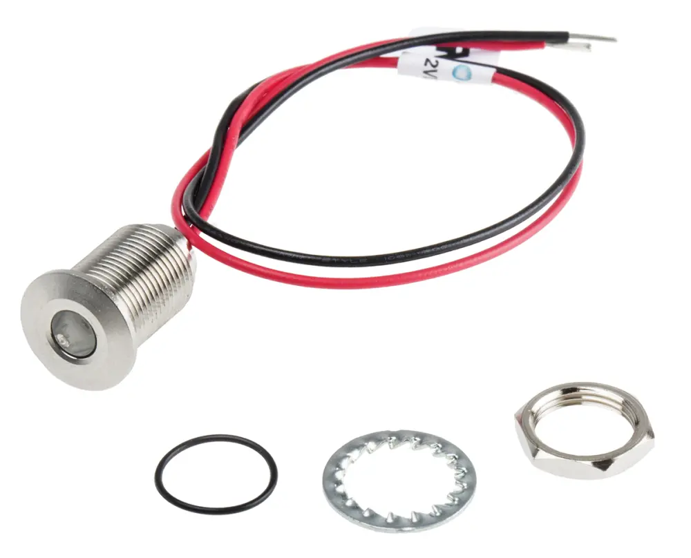 Indicador LED , Rojo, lente enrasada, Ø montaje 10mm, 1.8 → 3.3V dc, 20mA, 1300mcd, IP67
