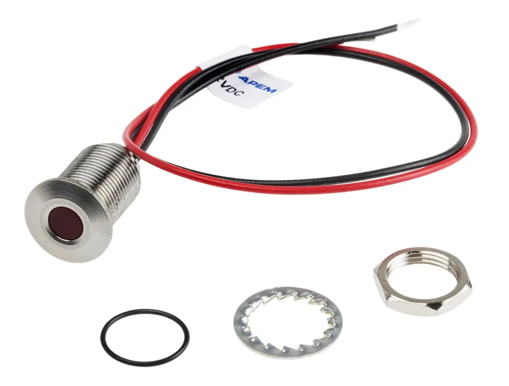 Indicador LED , Rojo, lente enrasada, Ø montaje 10mm, 10.8 → 13.2V dc, 20mA, 980mcd, IP67
