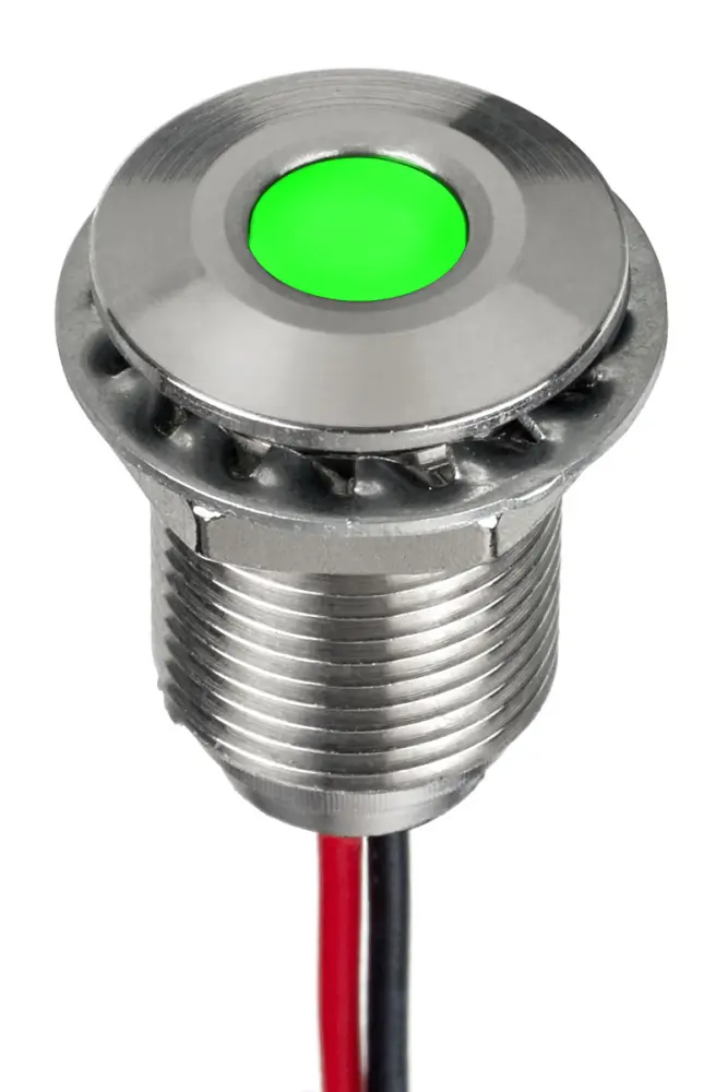 Indicador LED , Verde, lente enrasada, Ø montaje 10mm, 21.6 → 26.4V dc, 20mA, 1200mcd, IP67