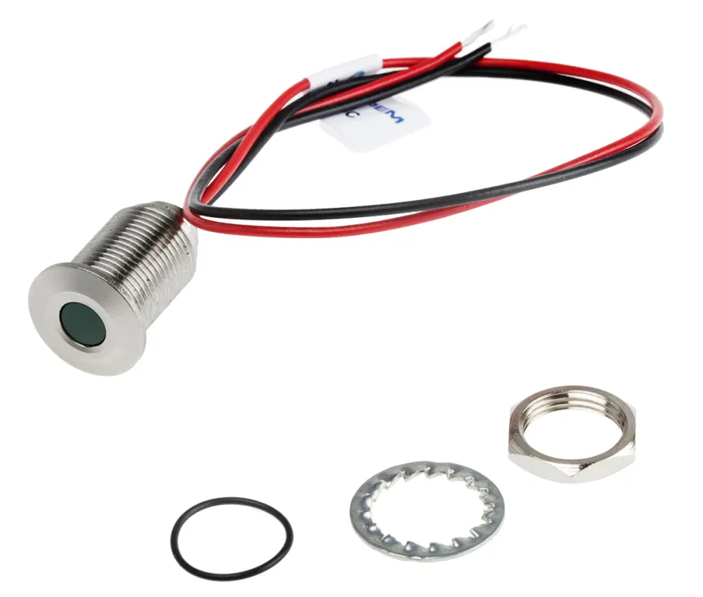 Indicador LED , Verde, lente enrasada, Ø montaje 10mm, 21.6 → 26.4V dc, 20mA, 300mcd, IP67