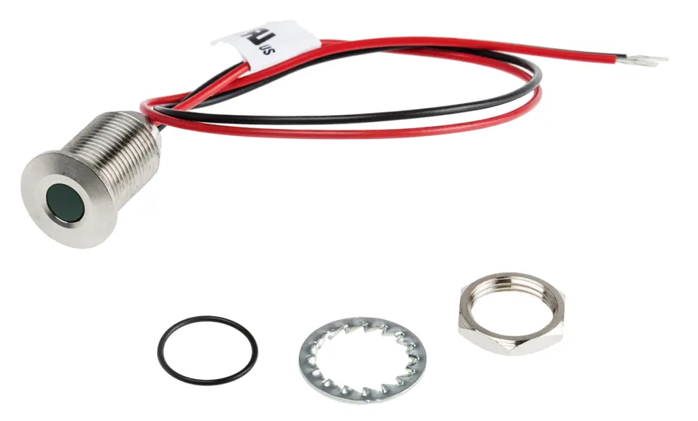 Indicador LED , Verde, lente enrasada, Ø montaje 10mm, 10.8 → 13.2V dc, 20mA, 300mcd, IP67