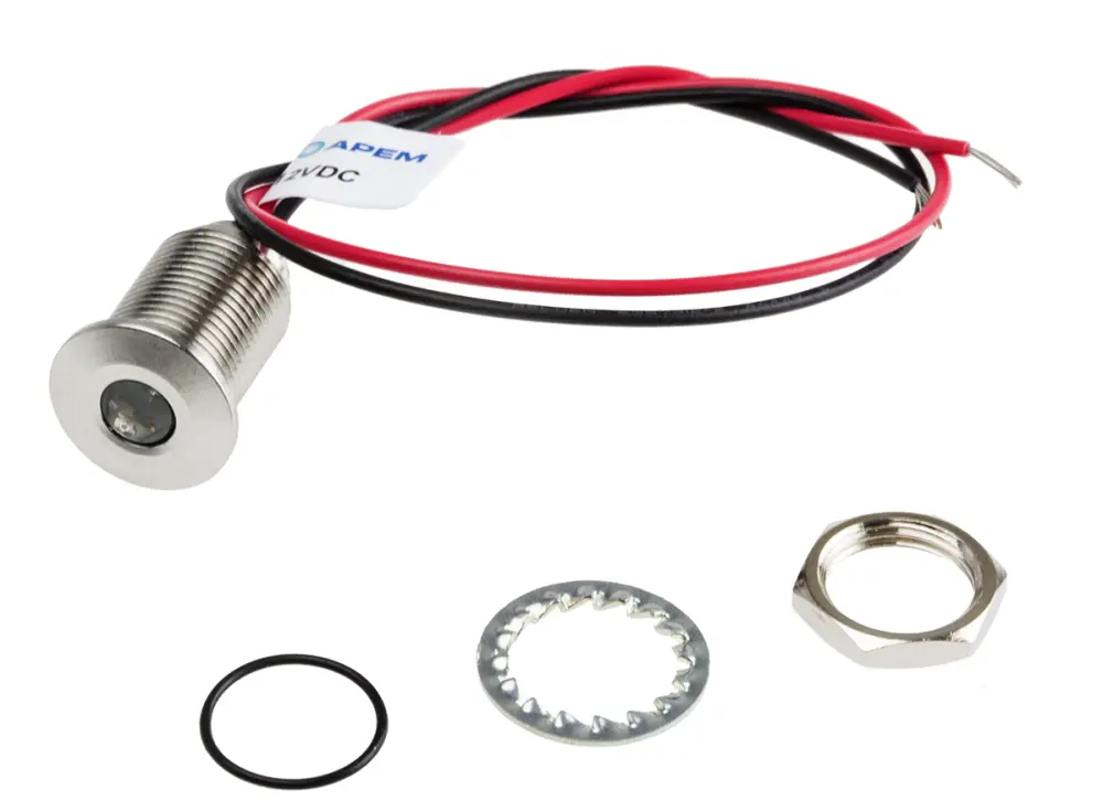 Indicador LED , Verde, lente enrasada, Ø montaje 10mm, 10.8 → 13.2V dc, 20mA, 1200mcd, IP67