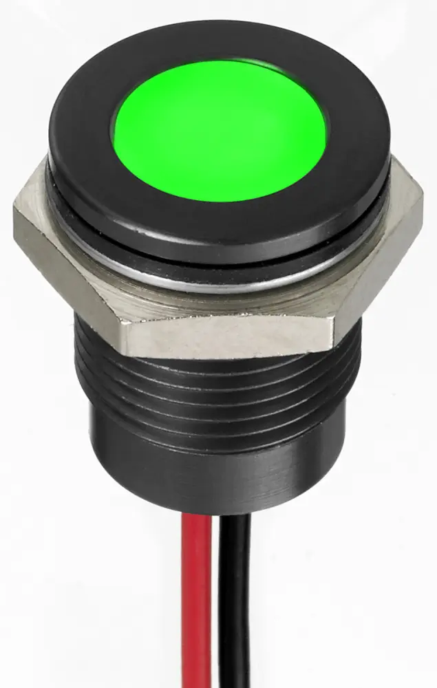 Indicador LED , Verde, lente enrasada, Ø montaje 14mm, 220V ac, 3mA, 250mcd, IP67