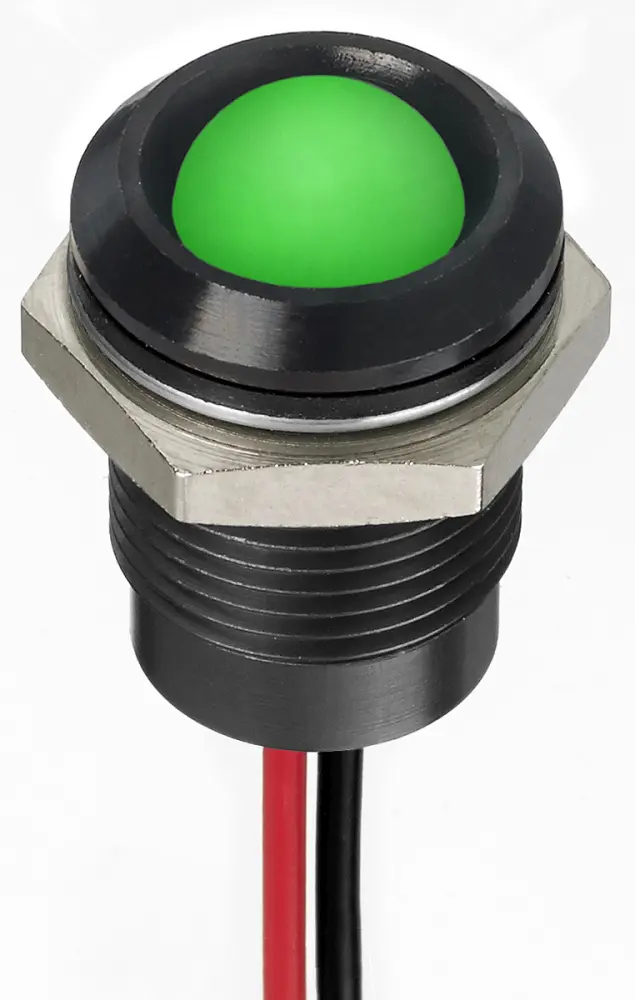 Indicador LED , Verde, lente prominente, Ø montaje 14mm, 12V dc, 20mA, 2200mcd, IP67