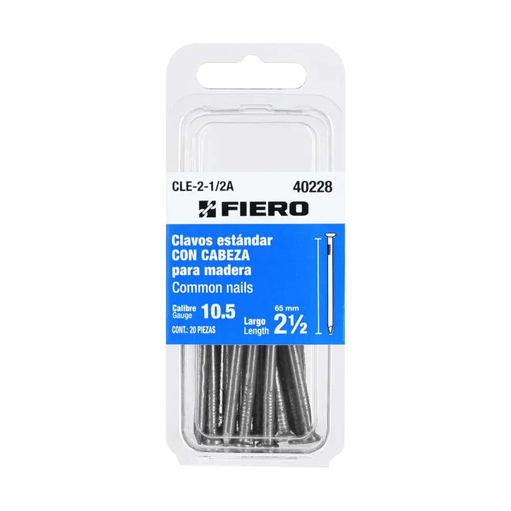 Blíster con 20 clavos básico 2-1/2" con cabeza, FIERO CLE-2-1/2A