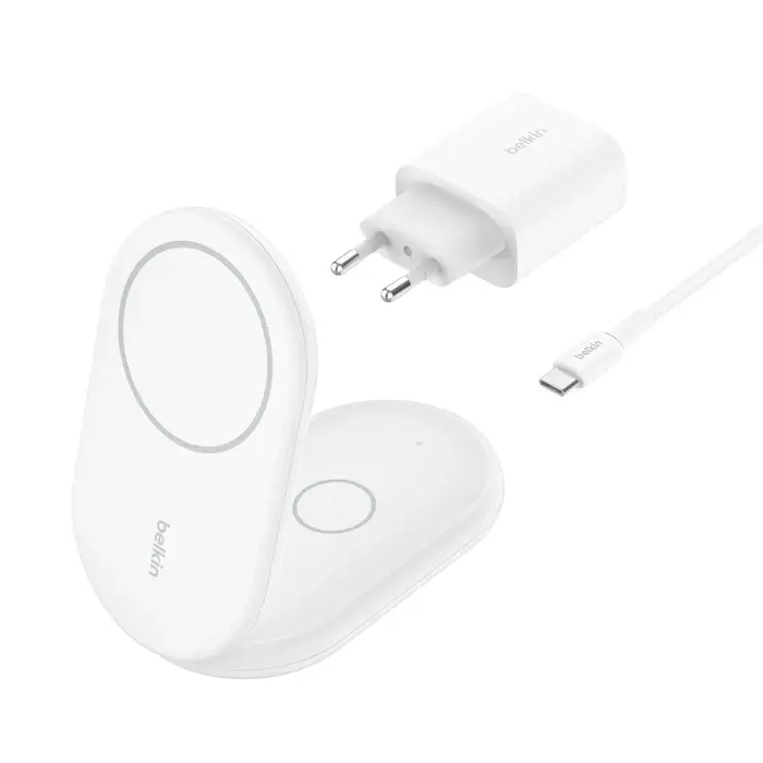 Cargador inalámbrico Qi2 de 15 W con soporte magnético 2 en 1 de Belkin - Blanco