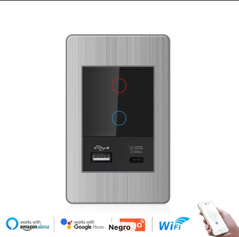 Interruptor suntuoso WiFi 2 vias (con toma de USB y USB-C)