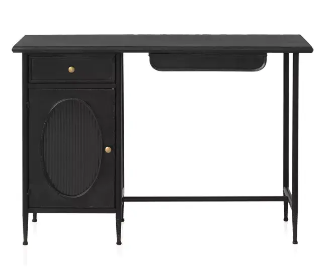 Mesa Con Estructura Metálica, Puerta De Cristal Ovalada Y 2 Cajones