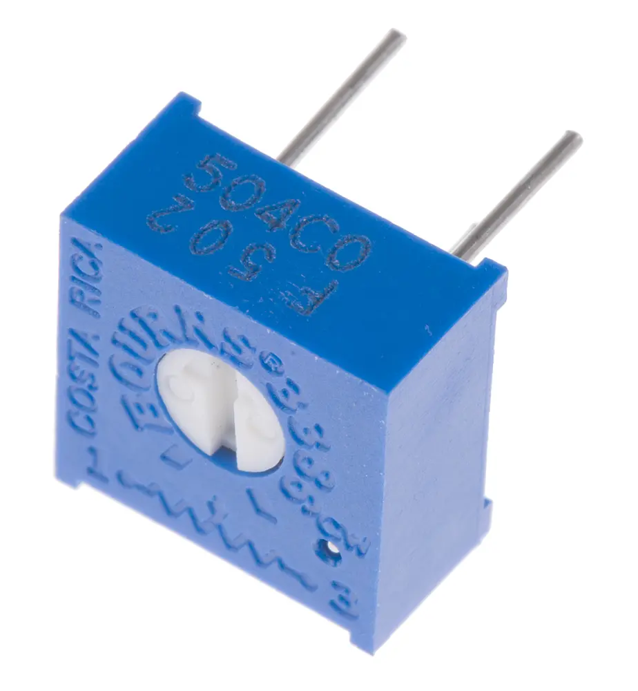 Potenciómetro para PCB Bourns serie 3386, 5kΩ máximo, ±10%, ±100ppm/°C, 0.5W, Montaje en orificio pasante | 3386F-1-...