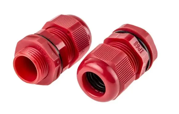 Prensaestopas de Nylon 66 Rojo, rosca M20, contratuerca incluida, IP68, Pirorretardante, autoextinguible