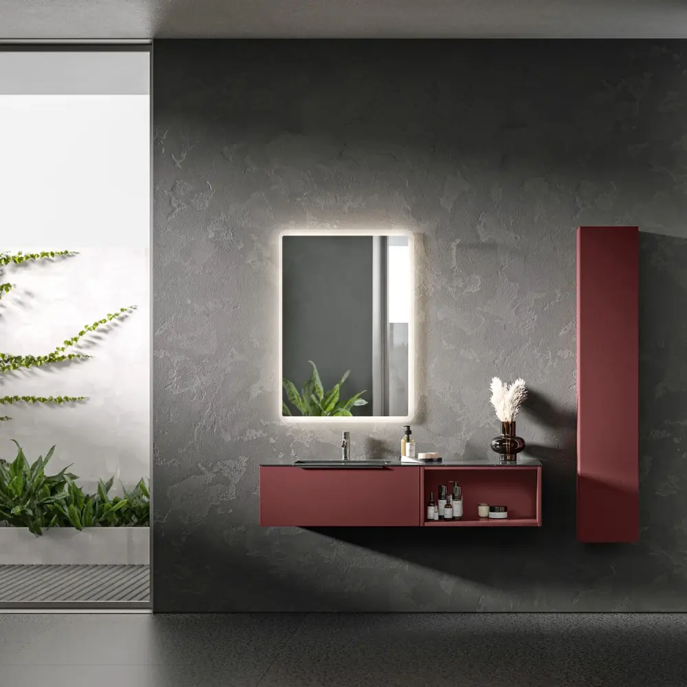 Archivo Profesional Mueble de baño suspendido con columna y encimera en Gres Negro Marquina Bali 10 con acabado Rojo Jaipur