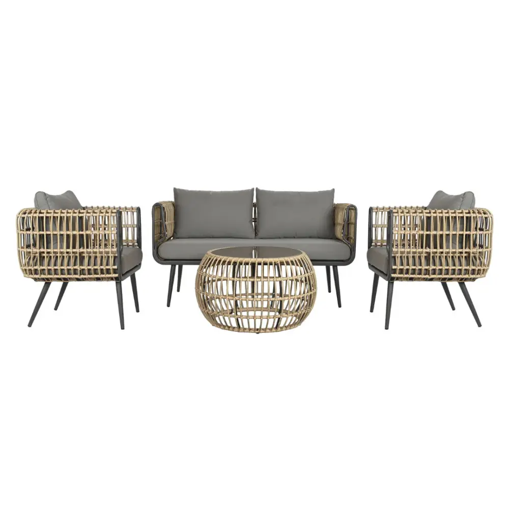 CONJUNTO SILLONES Y MESITAS RATAN GRIS