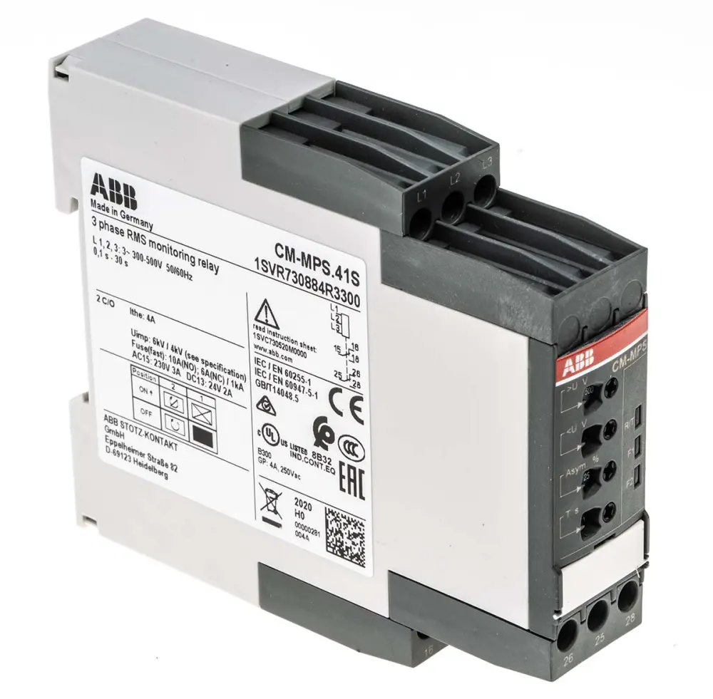 Relé de supervisión de Fase, tensión ABB serie CM-MPS, DPDT, 3 fases, para carril DIN | 1SVR730884R3300 CM-MPS.41S